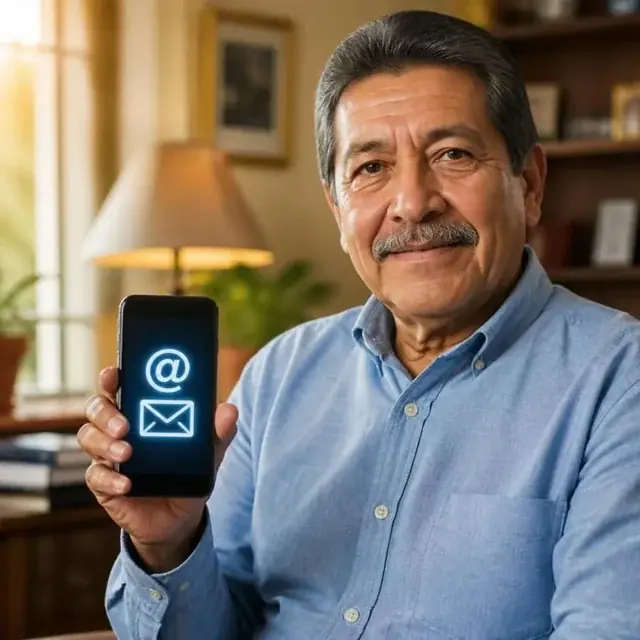 Persona mayor mostrando su correo electrónico en el celular