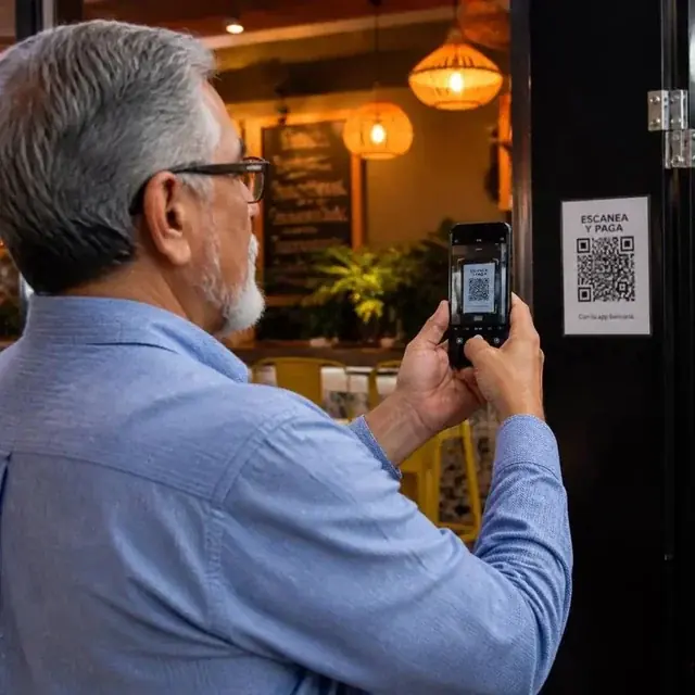 Persona mayor escaneando un código QR en un restorán