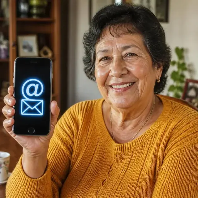 Mujer mayor sonriendo mostrando el ícono de correo electrónico en su celular