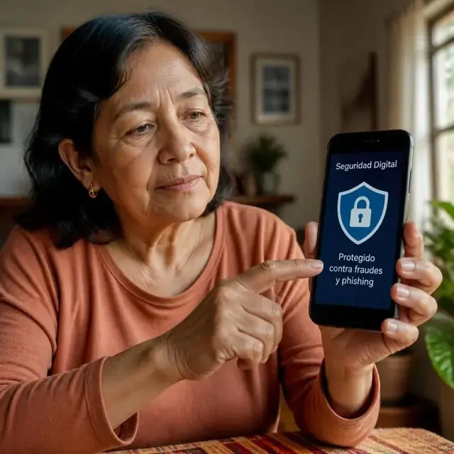 Mujer mayor mostrando la pantalla de seguridad digital de su celular