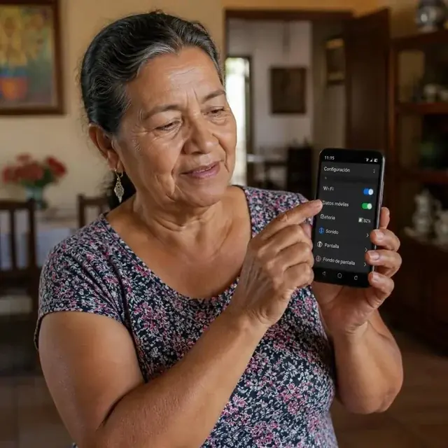 Mujer mayor revisando la configuración de Wi-Fi y datos móviles en su celular